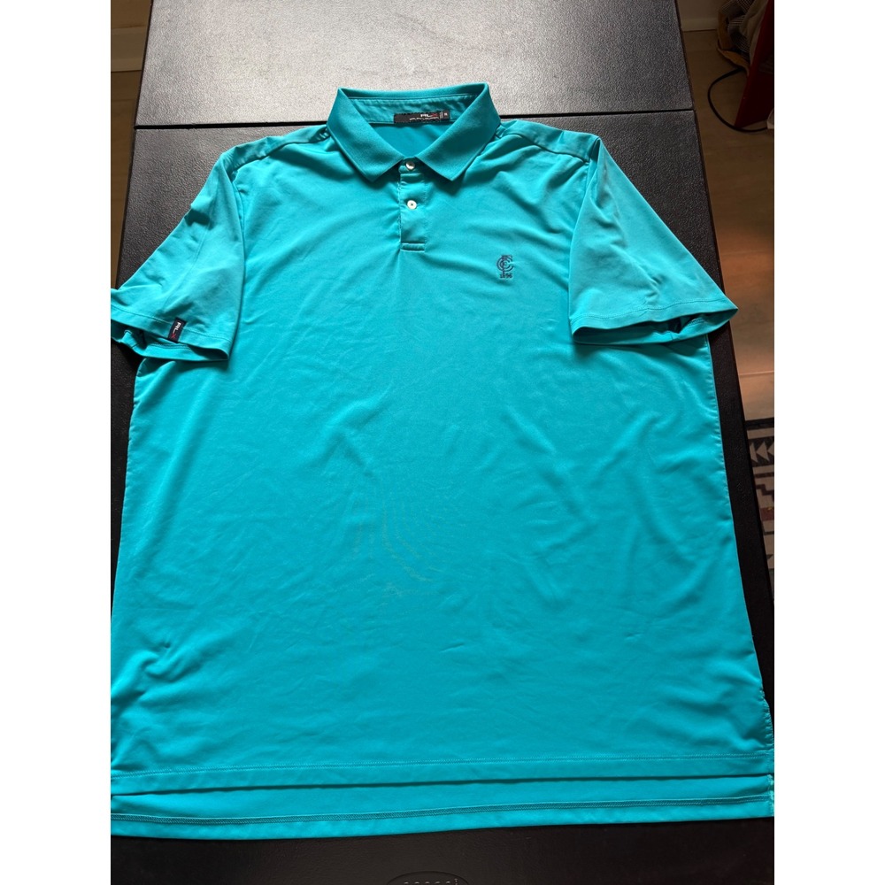 RLX Ralph Lauren Mens XXL Teal Blue Performance Golf Polo Shirt CFC 1896 Crest